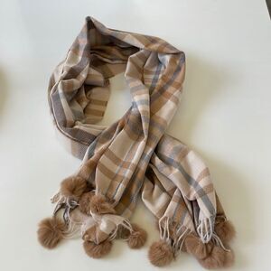 NEW blanket scarf wrap plaid fur pom pom large luxurious no smoke